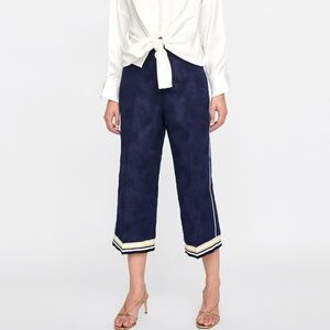 ZARA high waisted navy blue jacquard trousers